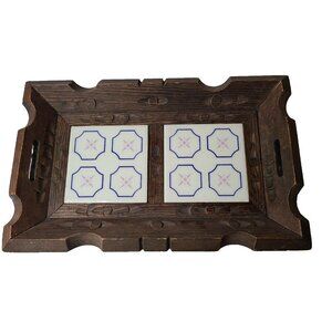 Vintage Hand Carved Wood Tray With Tile Center Rustic Traditional Decorative 14"